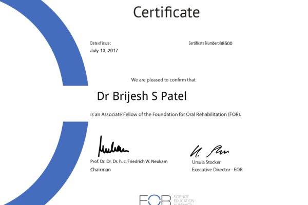 Certified Fellow of Foundation for Oral Rehabilitation (FOR) Certified Fellow of Foundation for Oral Rehabilitation (FOR)